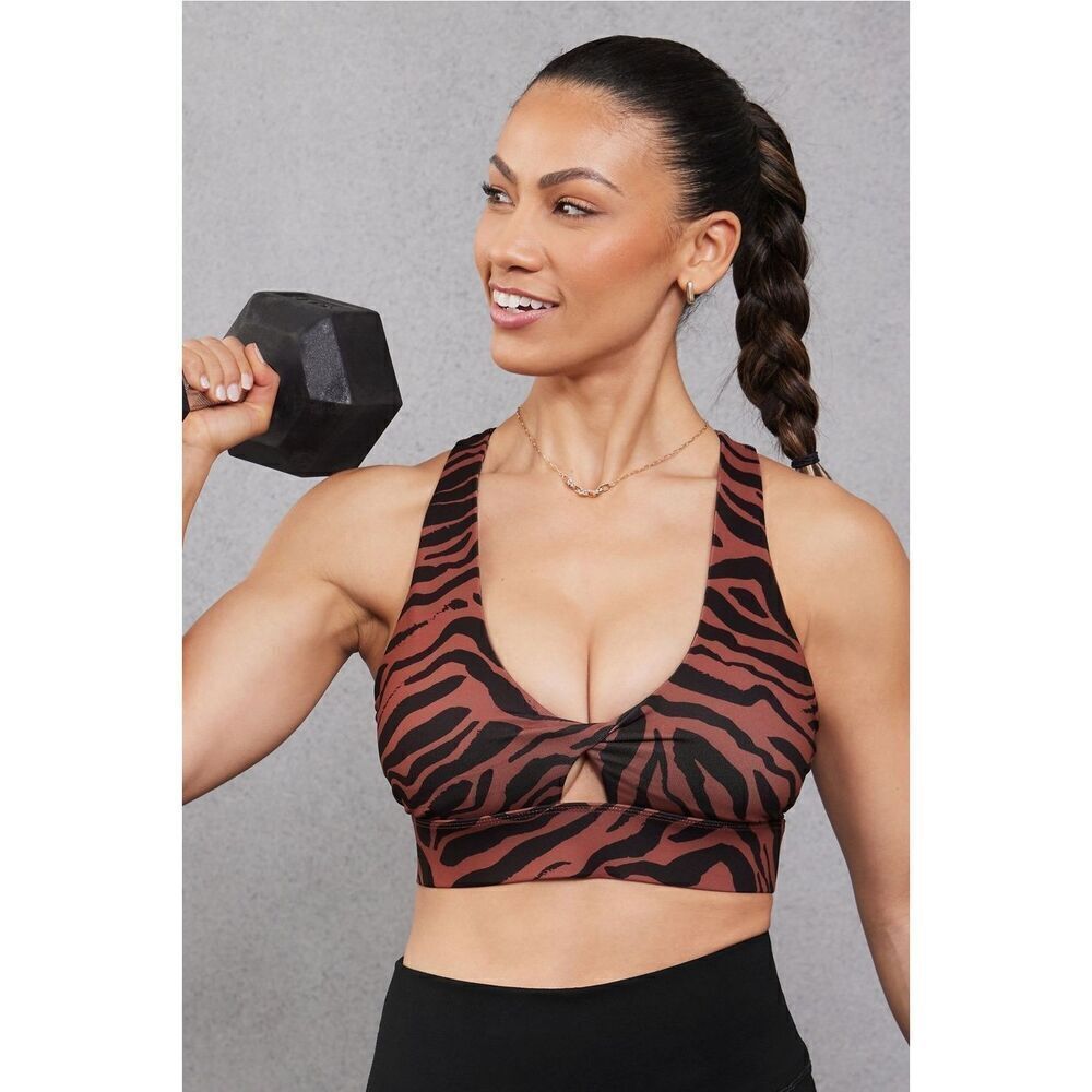 Fabletics Oasis Twist Medium Impact Sports Bra Sz XS in Mahogany‎ Zebra Stroke
